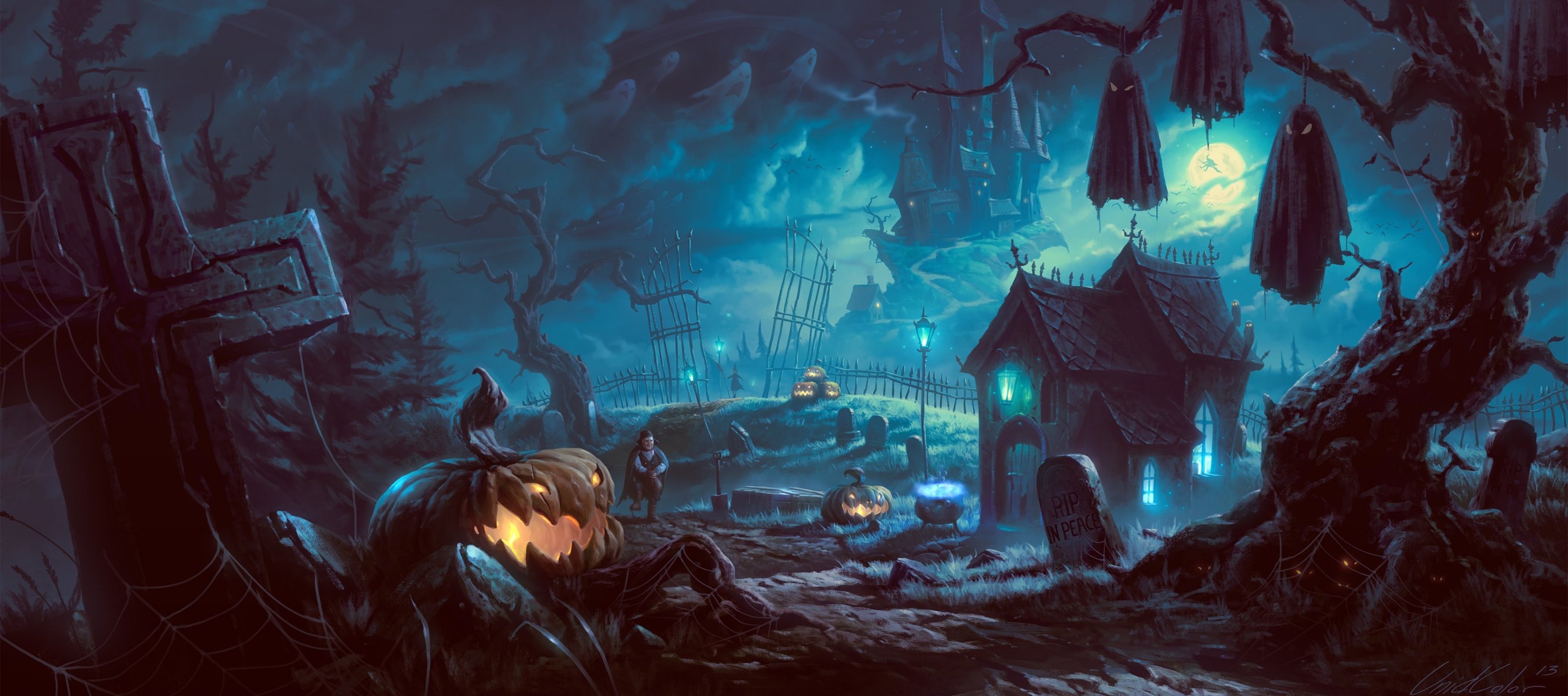 art halloween night trees vampire pumpkin bats tree castle house gloomy lanterns moon grave