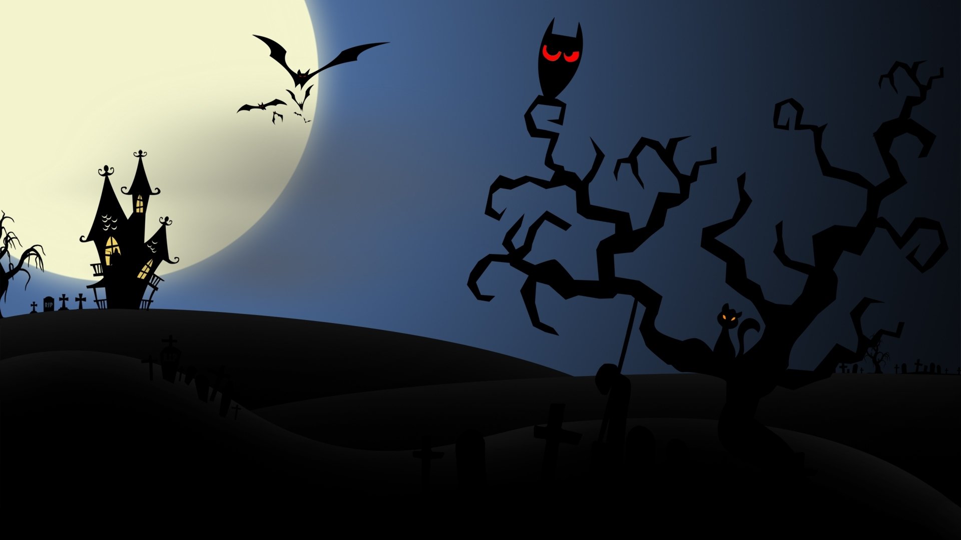 halloween gruselig beängstigend horror fledermäuse haus eule vollmond mitternacht vektorgrafiken böse katze häuser vektorgrafiken böse katze