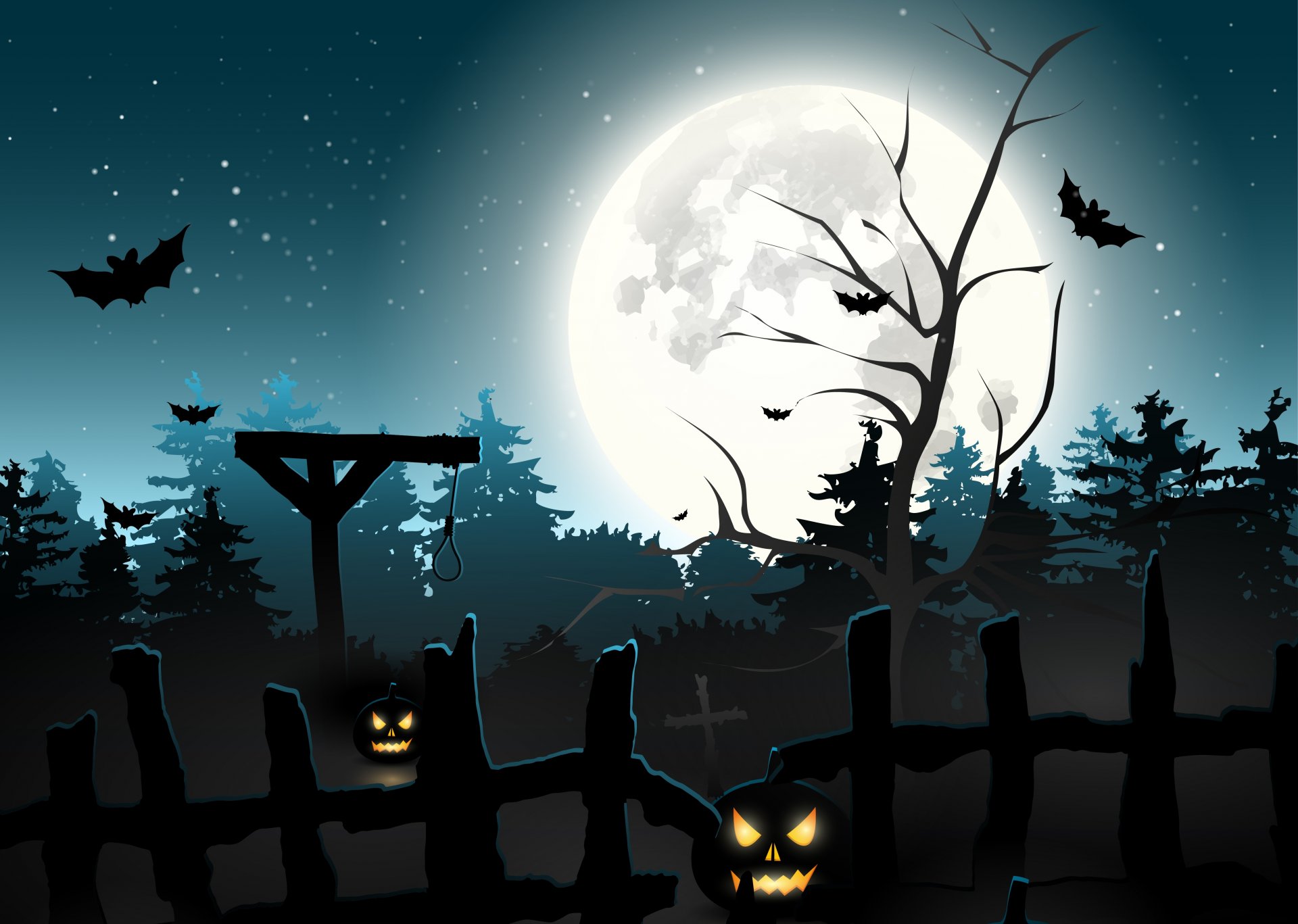 halloween espeluznante miedo horror calabazas murciélagos cementerio luna llena medianoche bosque horca murciélagos