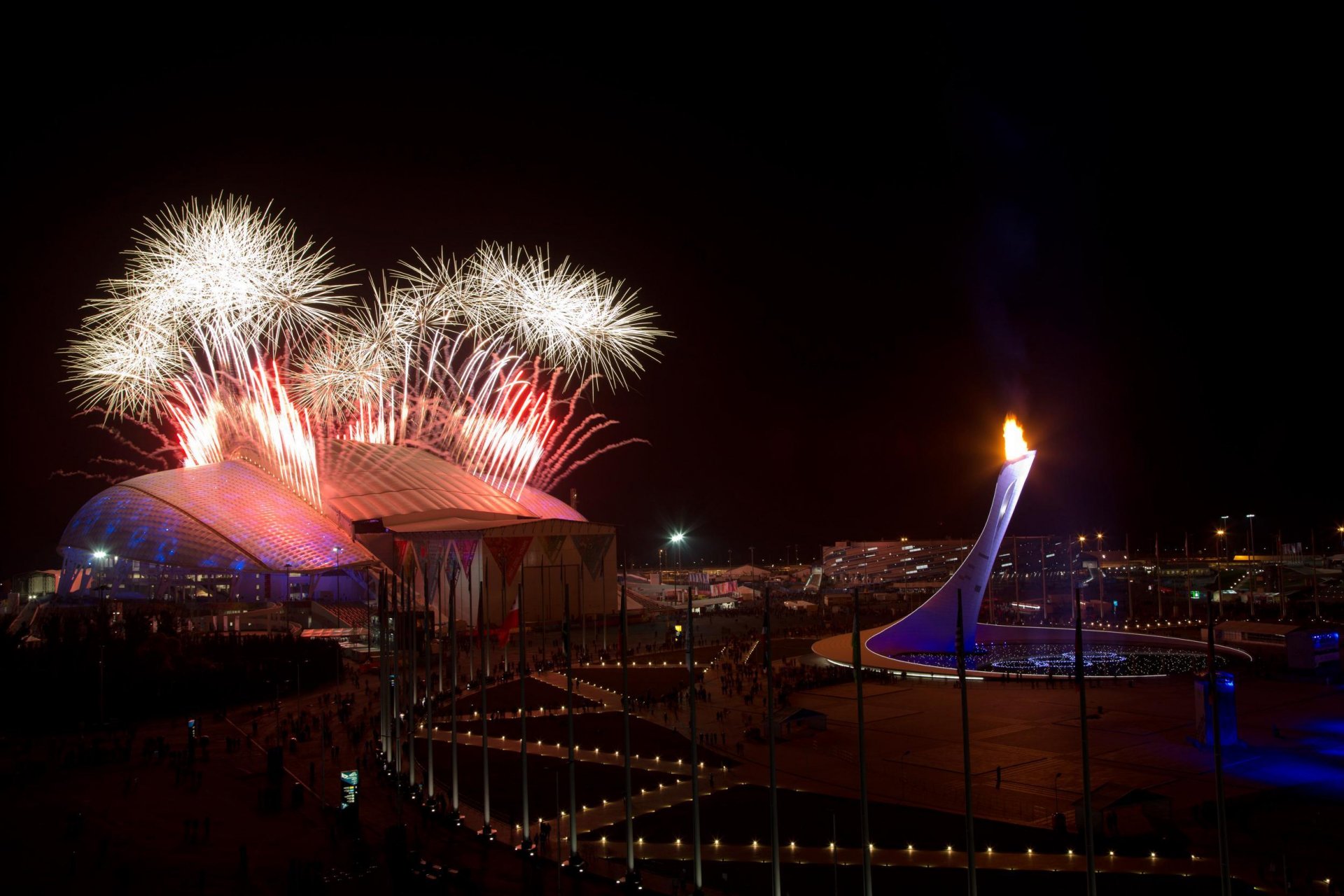 closing ceremony of the xxll winter Olympic games sochi 2014 sochi 2014 fireworks olympic park olympic flame bowl torch fisht stadium russia evening