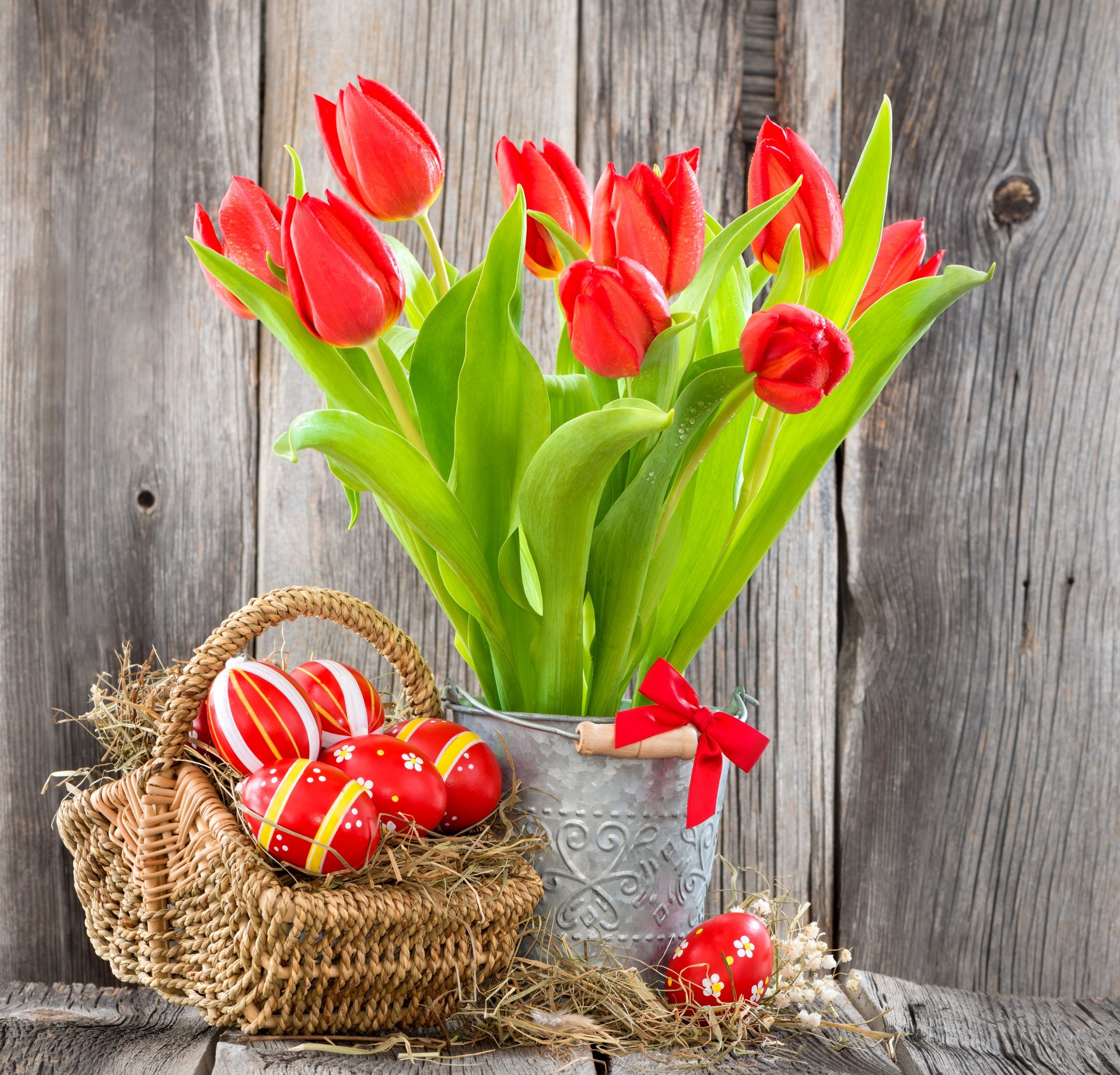 easter eggs flowers tulips basket red