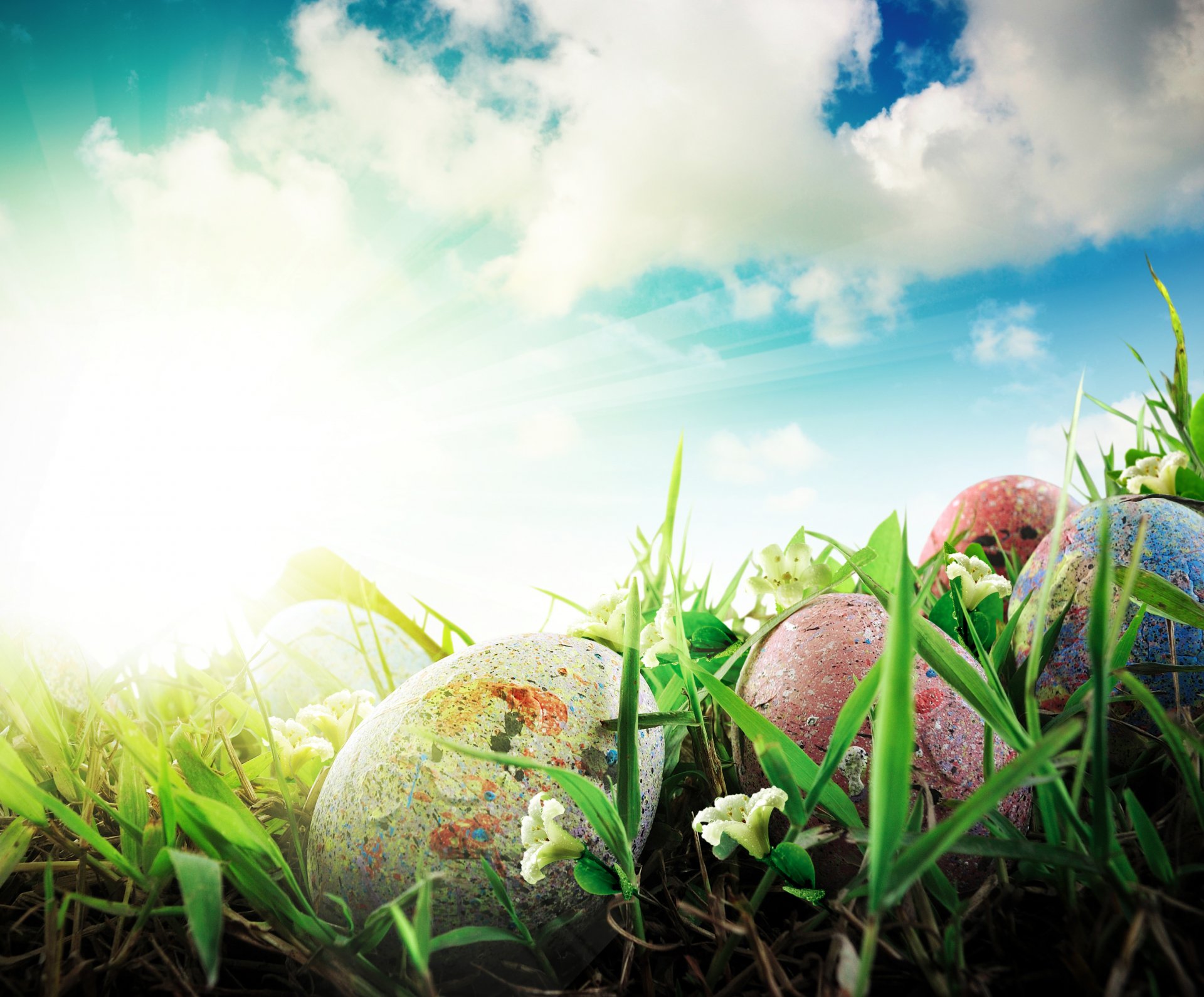 vacaciones pascua primavera naturaleza hierba flores huevos cielo nubes rayos