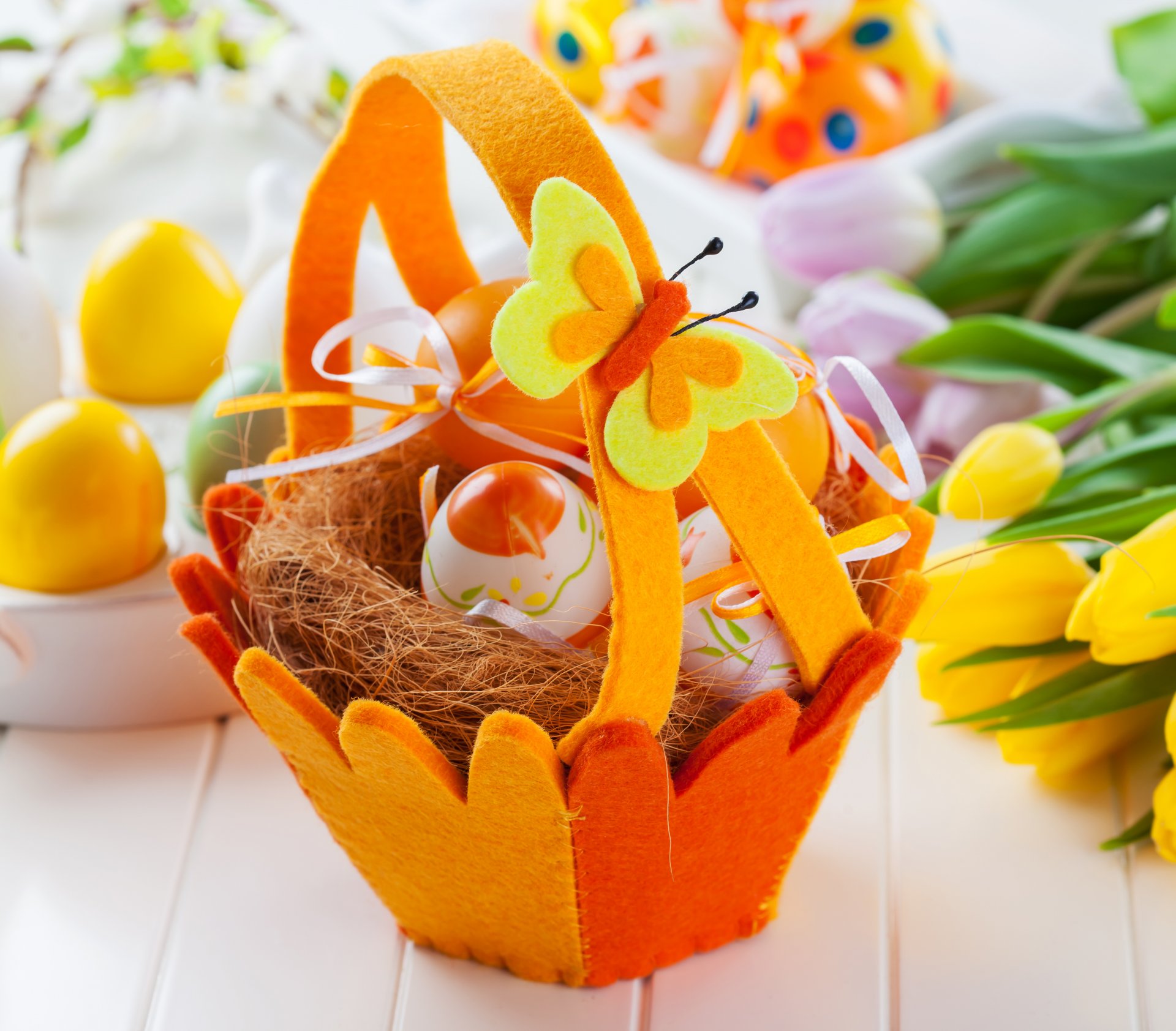 easter basket eggs tulips flowers colorful