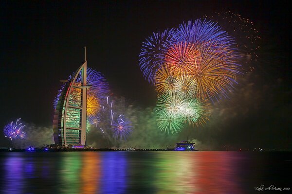 Colorful fireworks display near Dubai hotel
