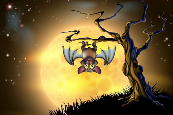 A bat is hanging on a scary tree in the light of the moon