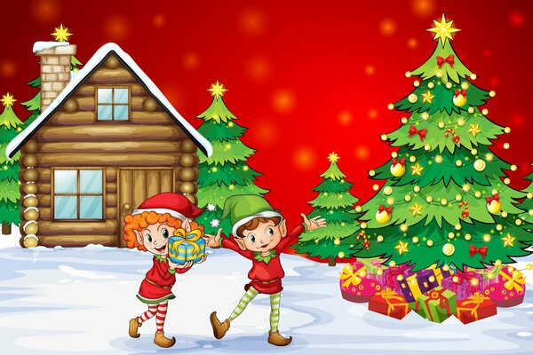 Deux elfes portent des cadeaux à l arbre de Noël