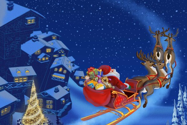 Santa Claus se lava en el aire en un trineo de renos