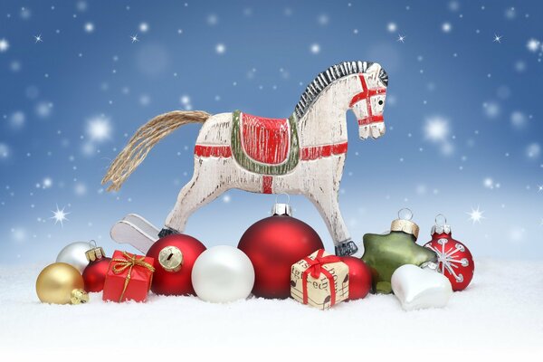 Christmas toys and gifts with a horse