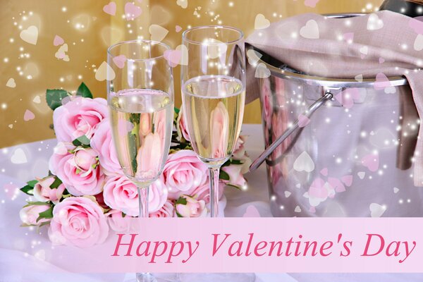 Valentine s Day greetings with roses and champagne