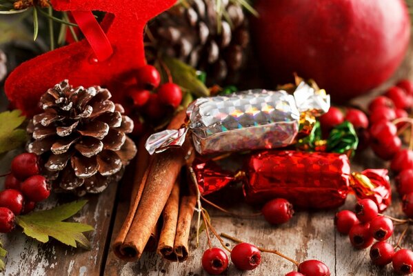 Décorations de Noël de cônes, cannelle, baies