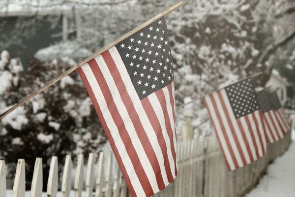Bandiere che sporgono dalla recinzione invernale