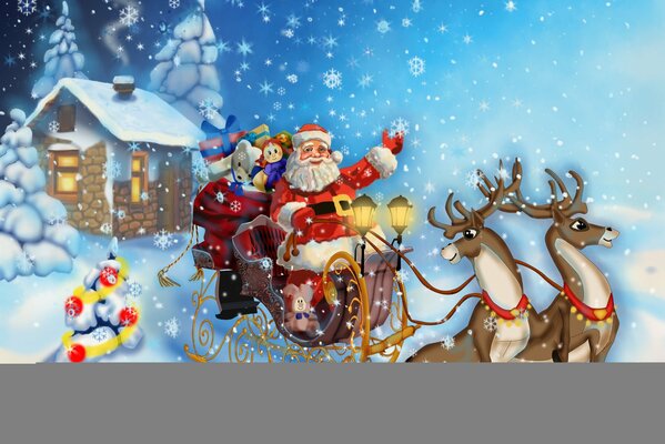 Santa Claus in a reindeer cart with gifts