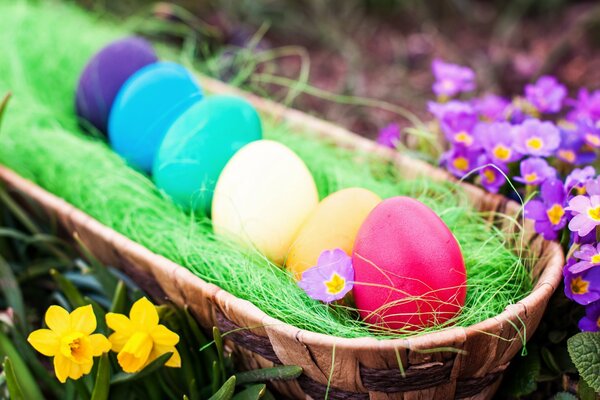 Colorful Easter eggs in a basket with grass