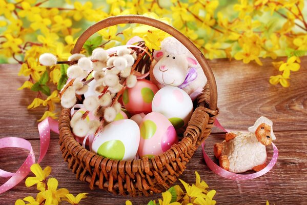 Easter eggs are in a wicker basket