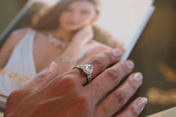 Mano de mujer con anillo sobre foto de boda