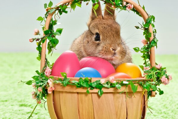 Panier avec des oeufs de Pâques et un lapin