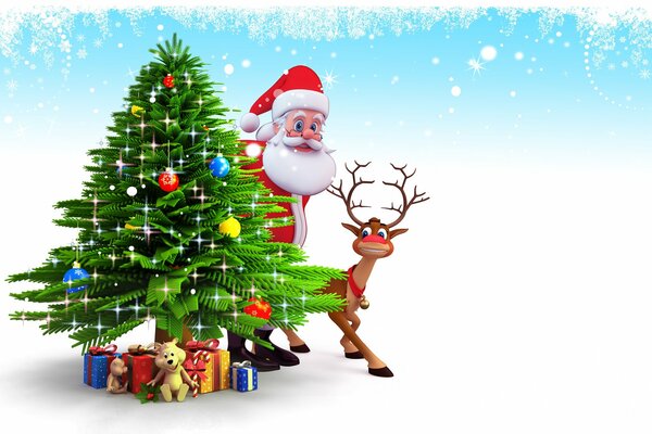 Santa con renos escondidos detrás del árbol de Navidad