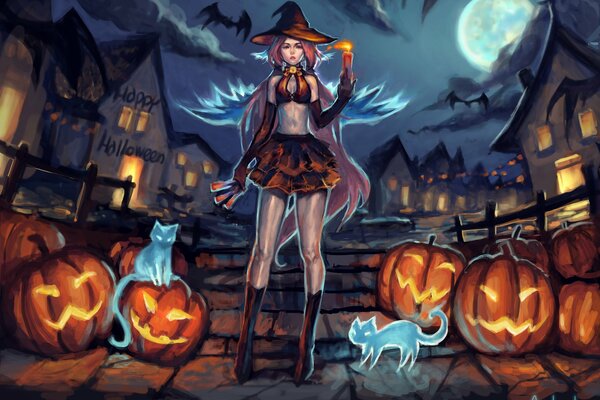 Ilustración de Halloween. Chica con calabazas y gatos