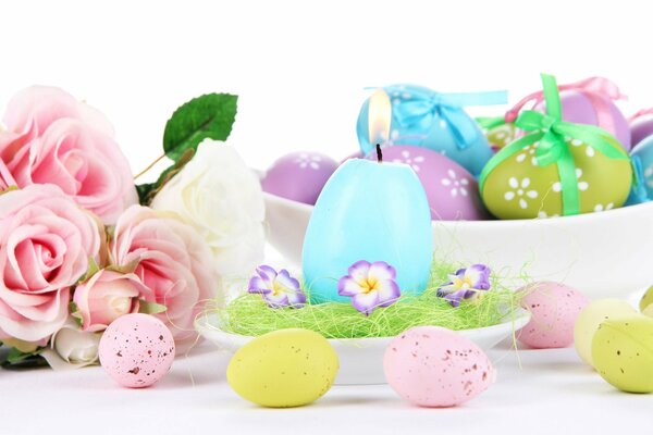 Colorful Easter eggs and flowers