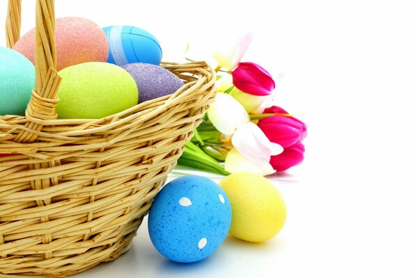 Easter eggs in a basket with tulips