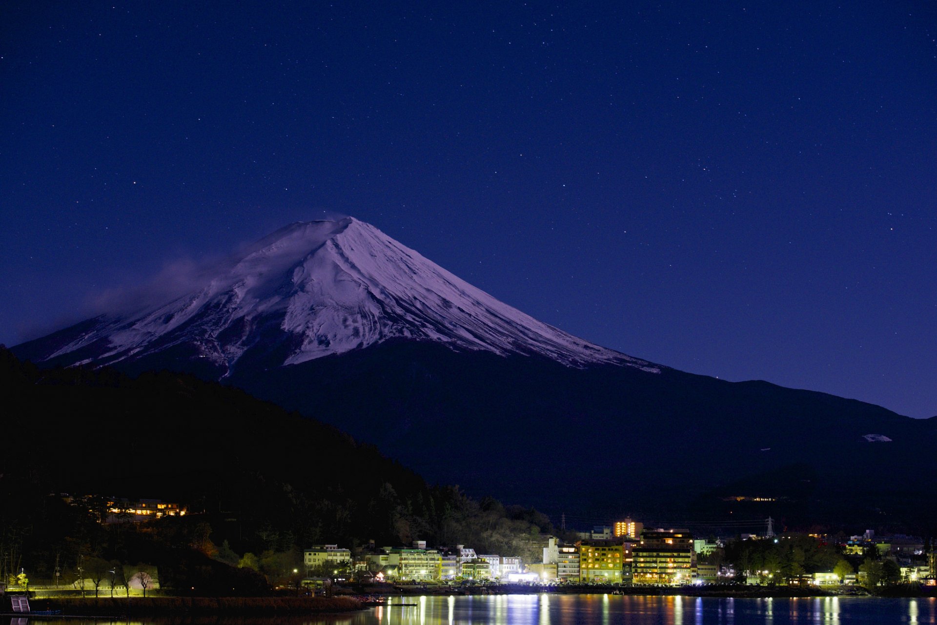 japan berg fujiyama himmel see nacht lichter