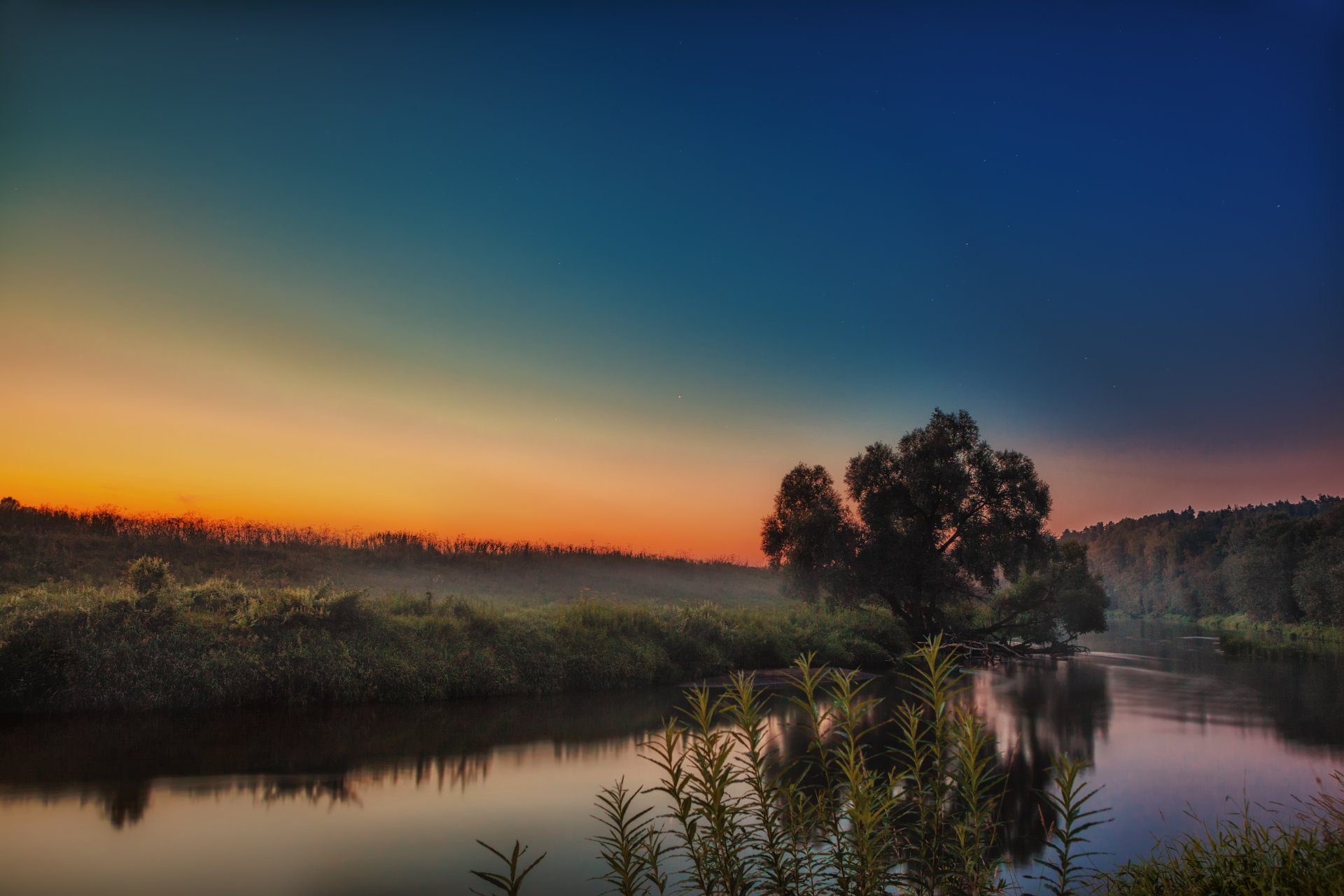 coucher de soleil ciel rivière istra brouillard rivage