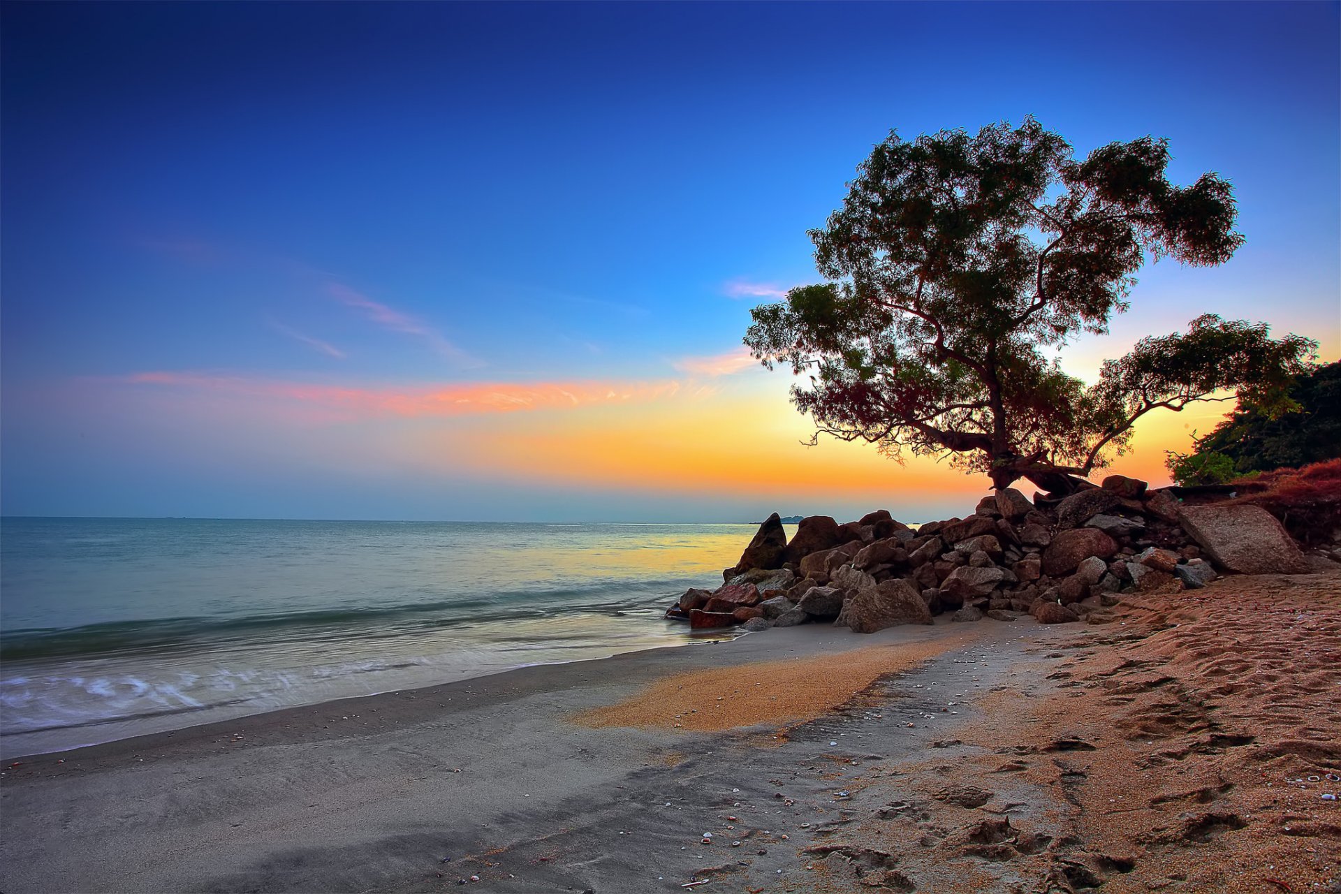 ky clouds sea beach stones tree