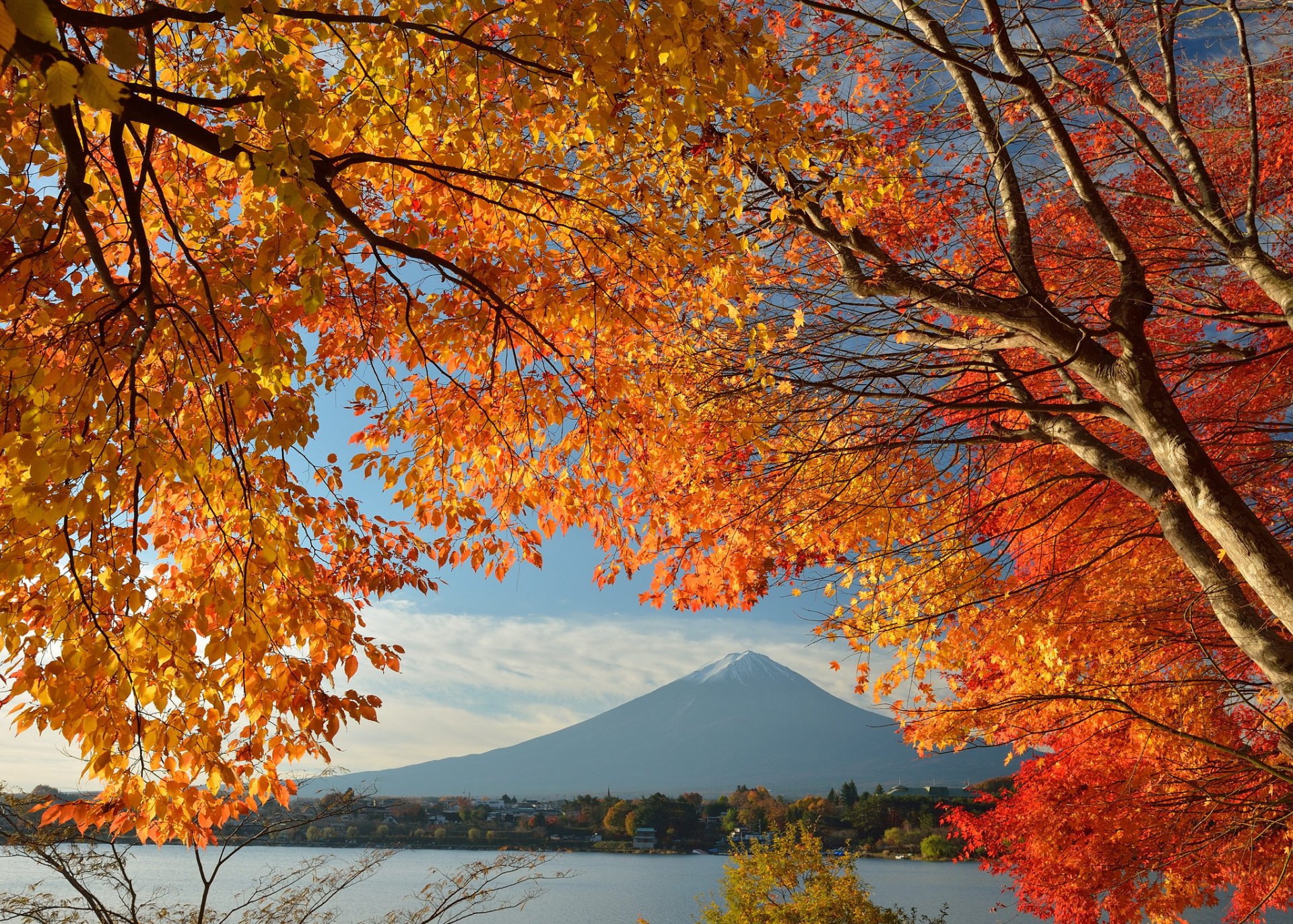 japan berg fujiyama himmel haus see bäume blätter herbst