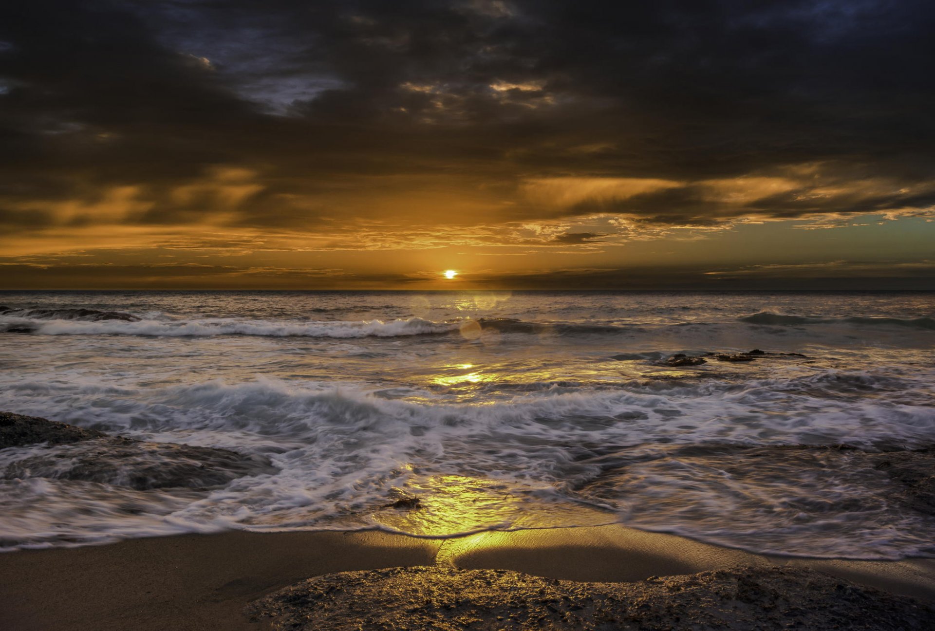 dawn sea beach waves shore