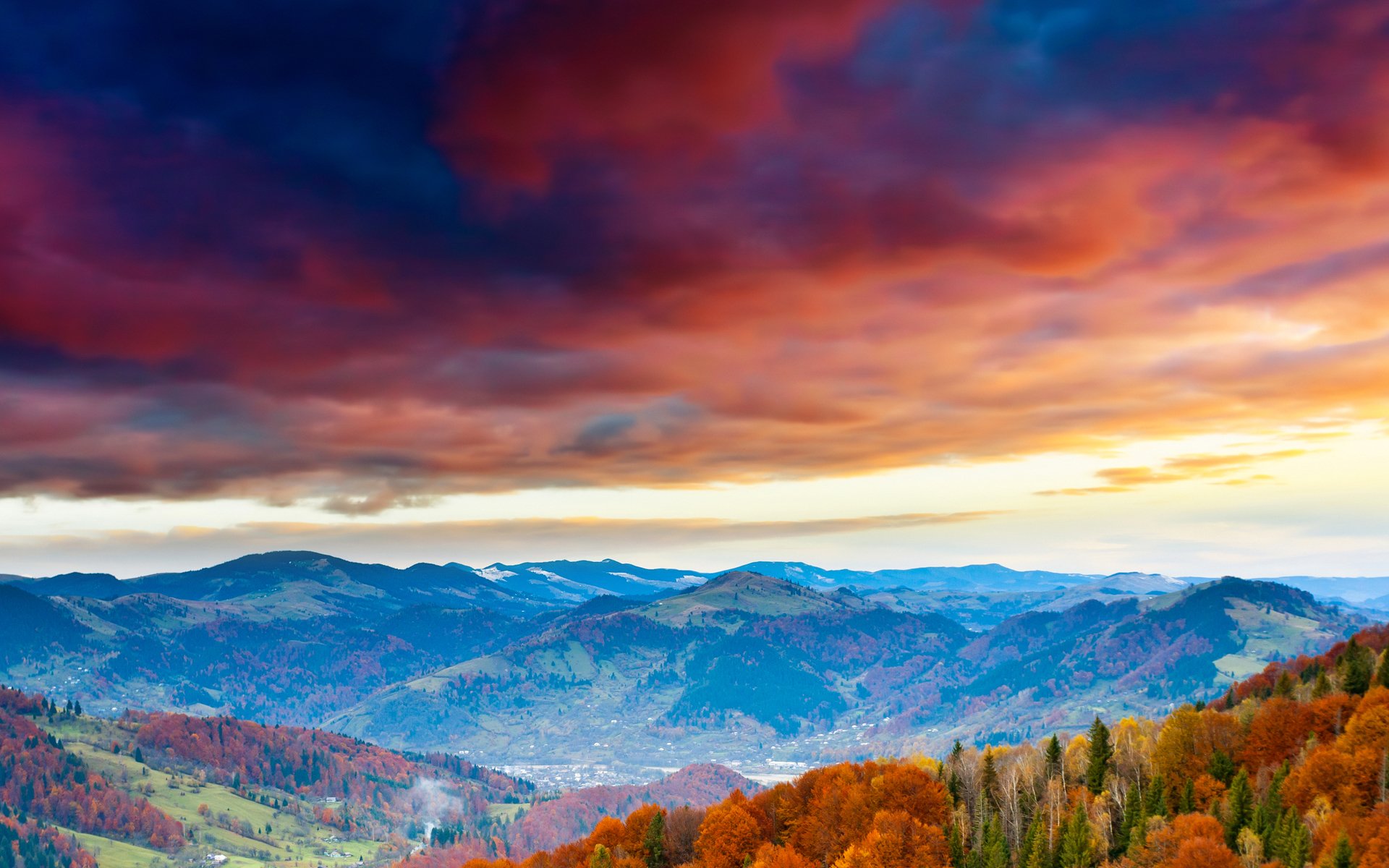 cielo nubes montañas bosque árboles otoño