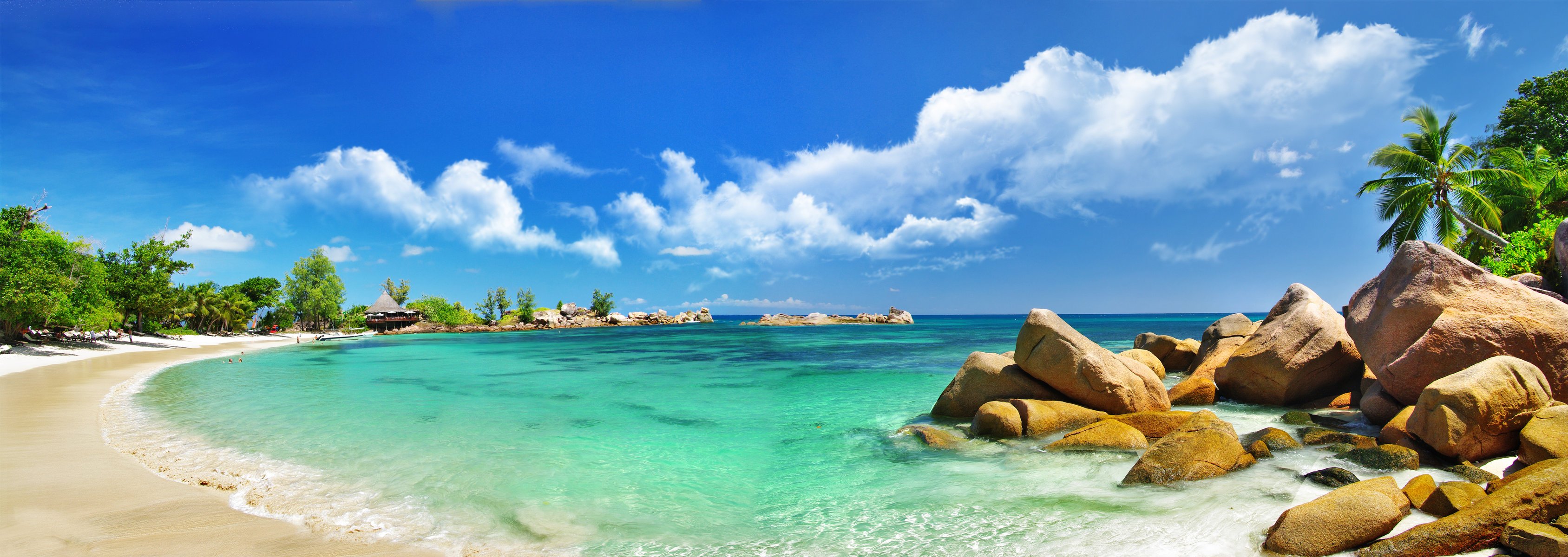 tropics sea coast stones palm houses clouds palm tree