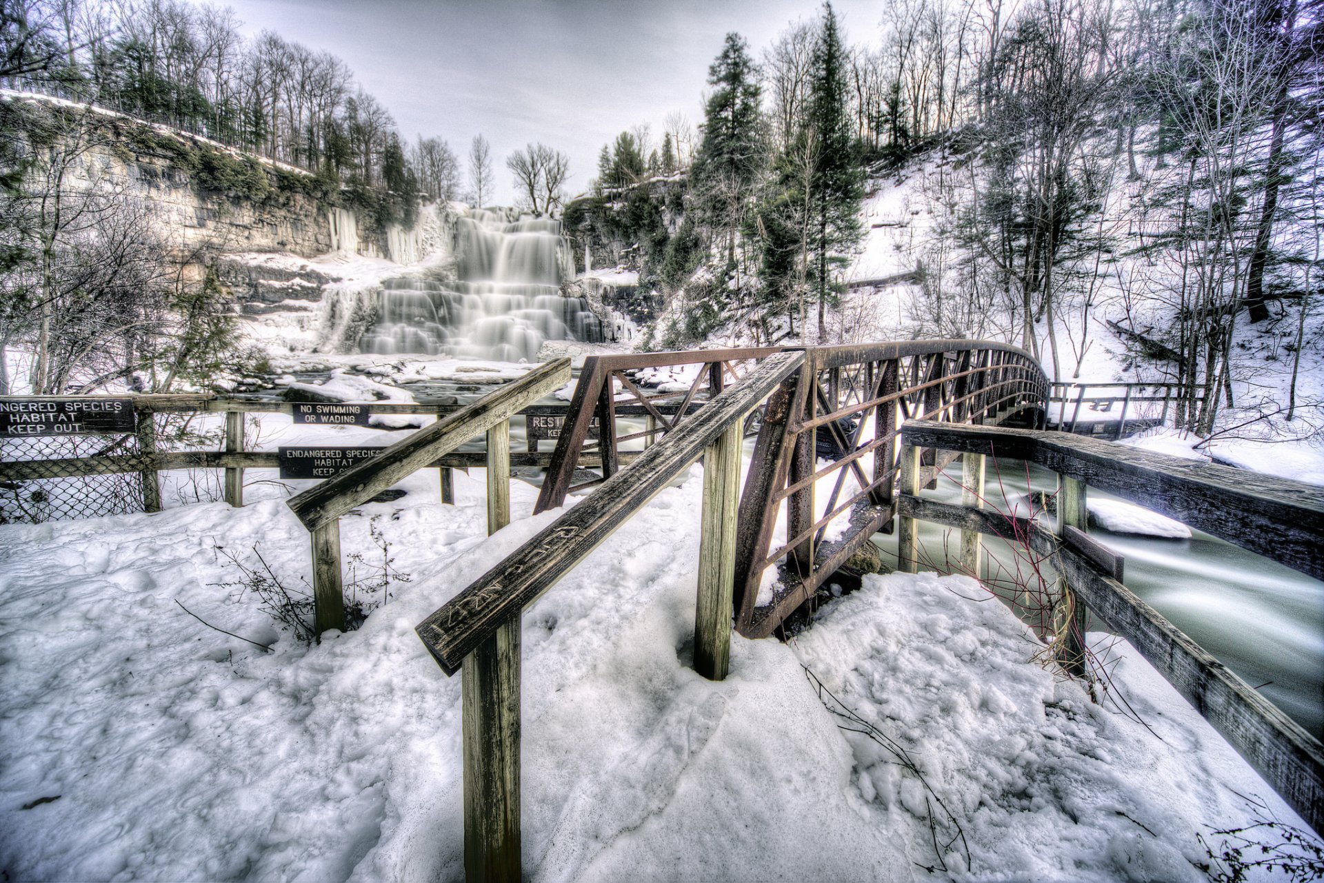 chittenango falls state park штат нью-йорк сша водопад горы скалы зима снег мост деревья