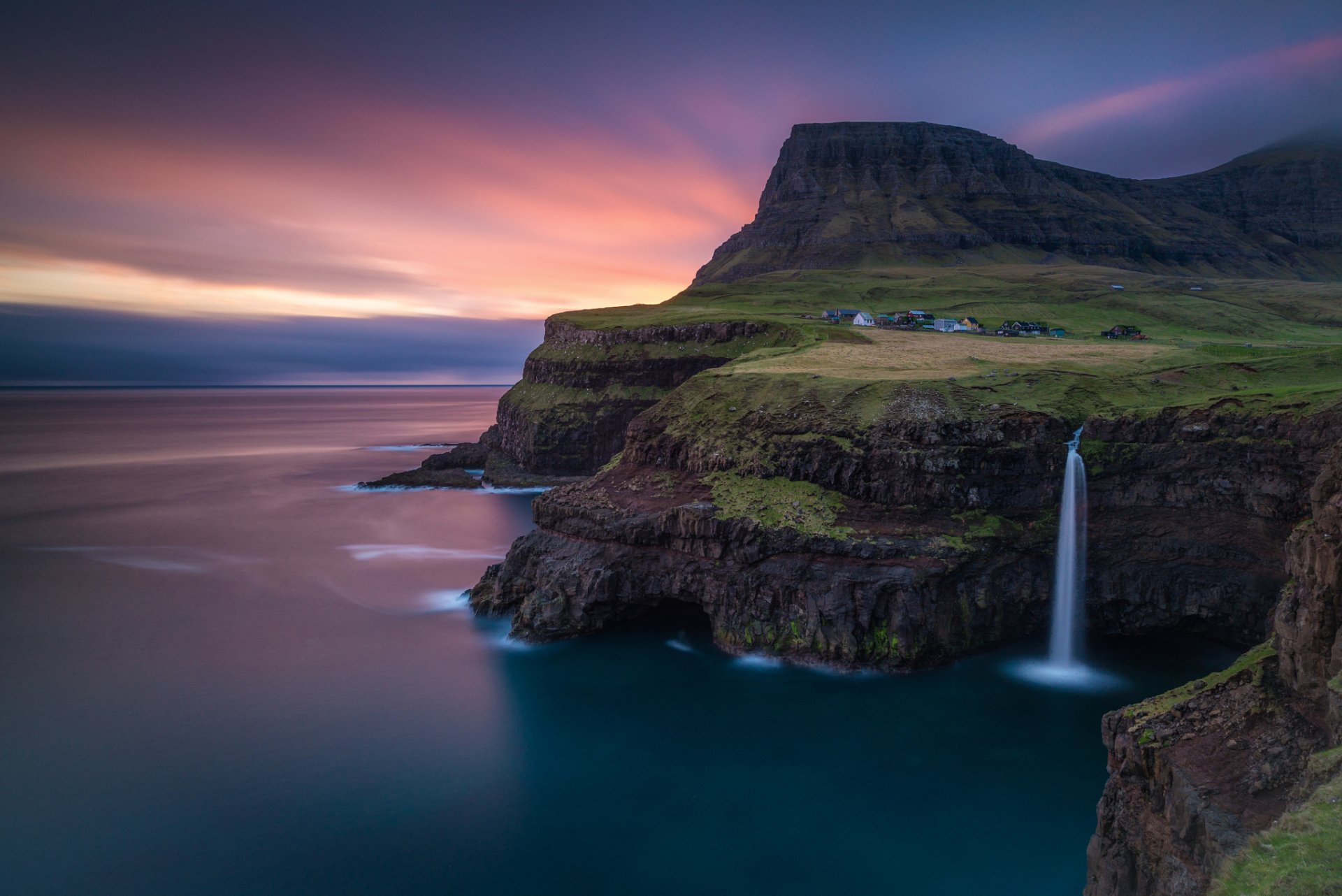 faroe islands island waterfall atlantic ocean mountain rock