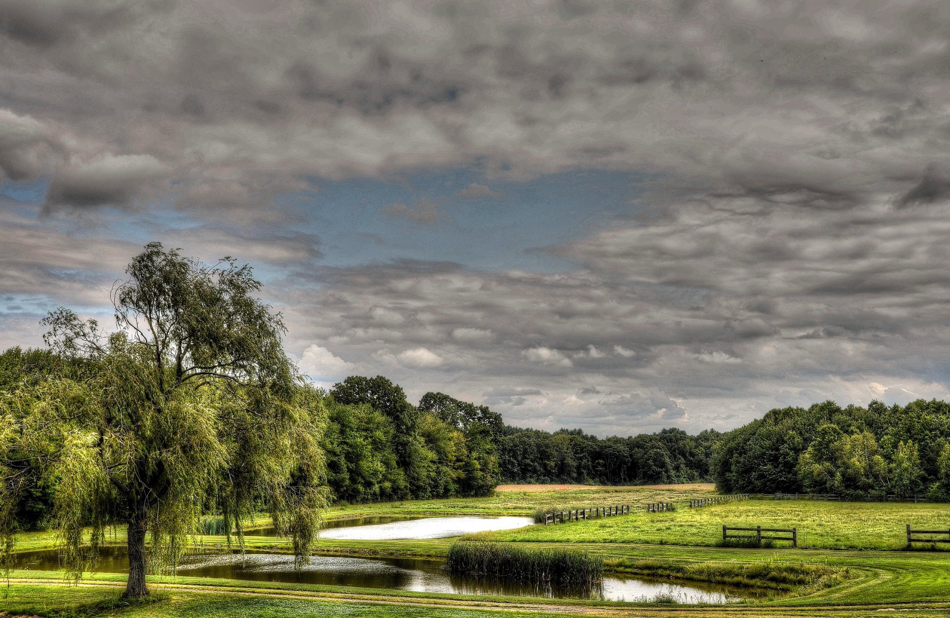 himmel wolken feld wiese teich bäume zaun