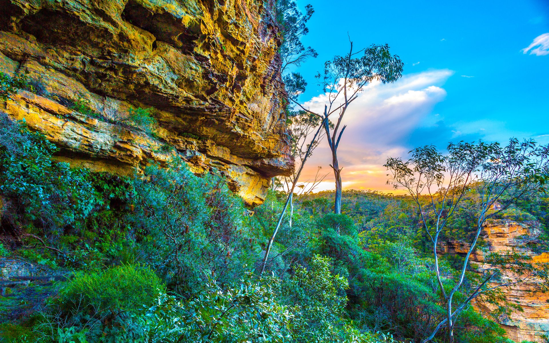 blue mountains national park australien himmel wolken felsen bäume