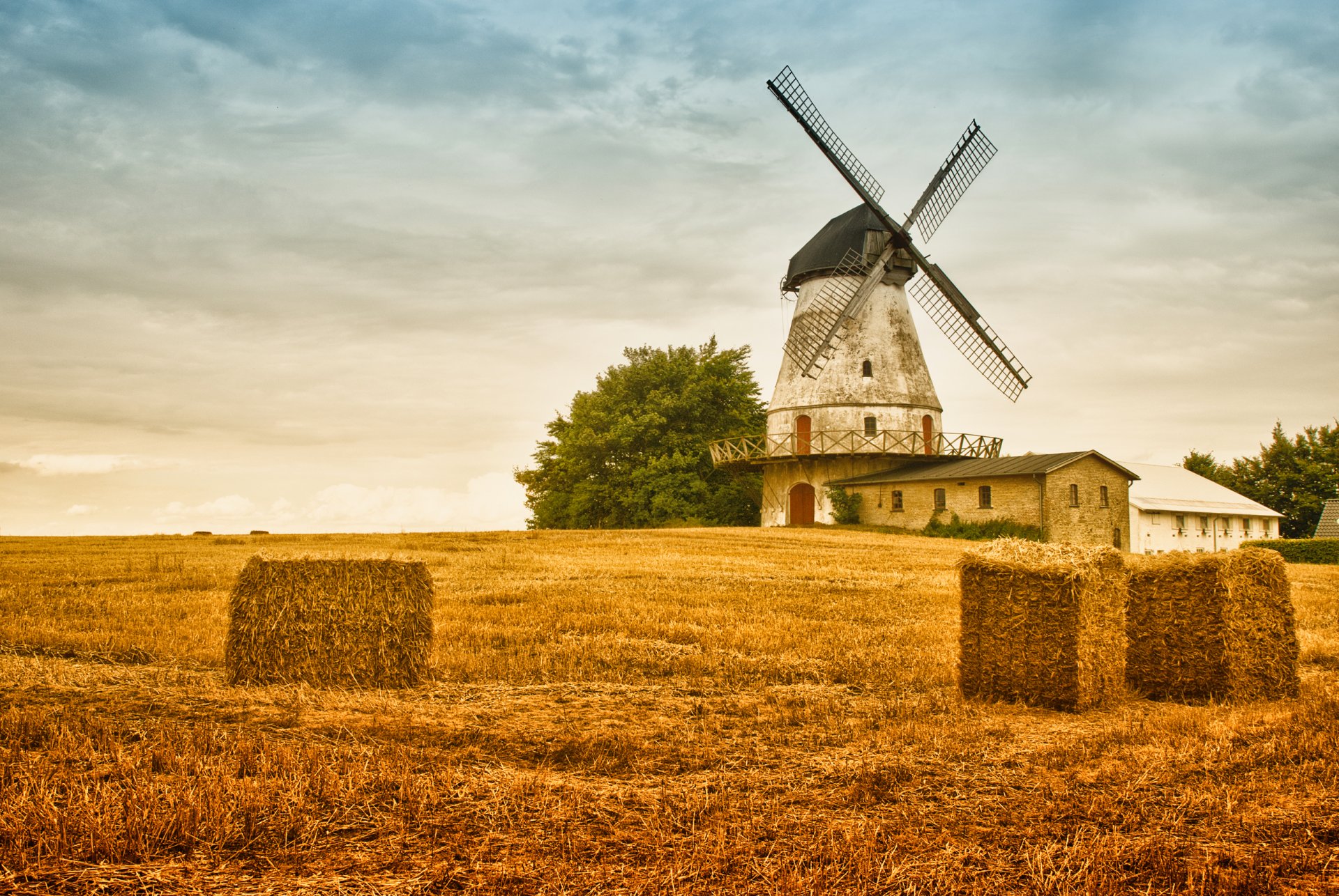 ciel champ foin moulin automne