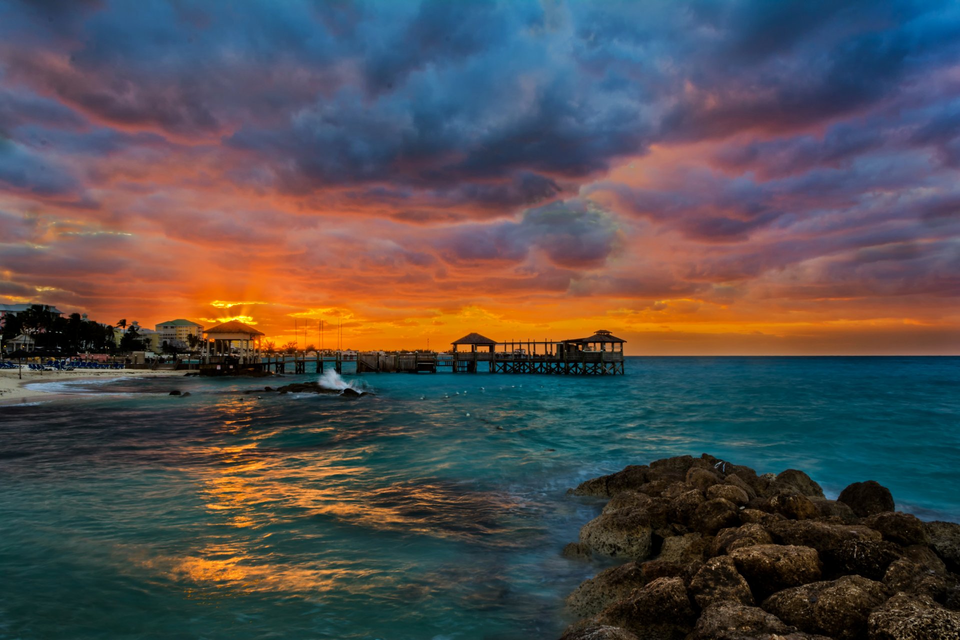 tropiki plaża morze kamienie molo świt nassau bahamy