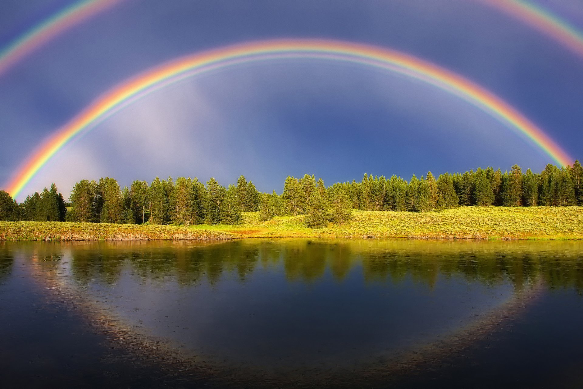 ummer rainbow forest sky light reservoir lake river water