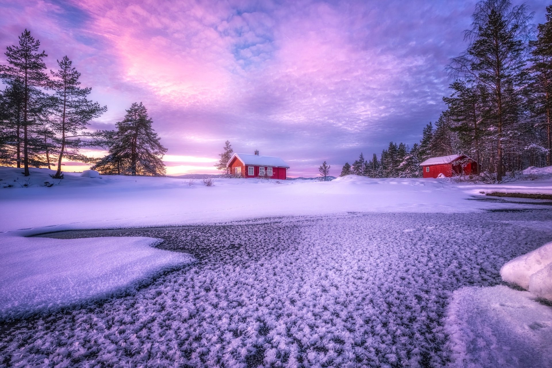 ringerike norway lake winter snow house clouds tree