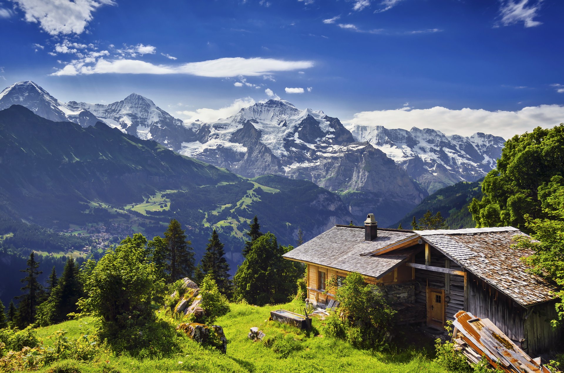 suisse grindelwald montagnes roches glacier gorge maison herbe pierres arbres panorama