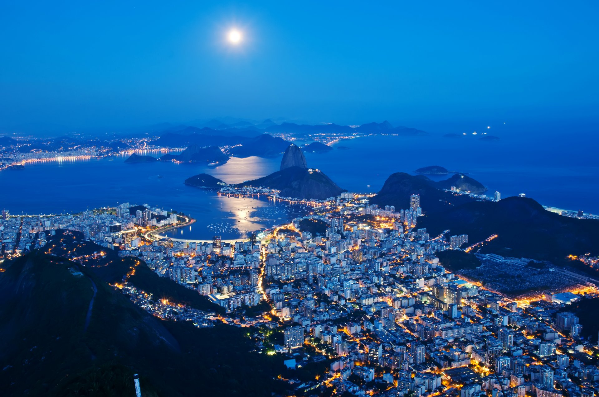 brazil rio de janeiro rio de janeiro sea coast city night lights sky moon panorama