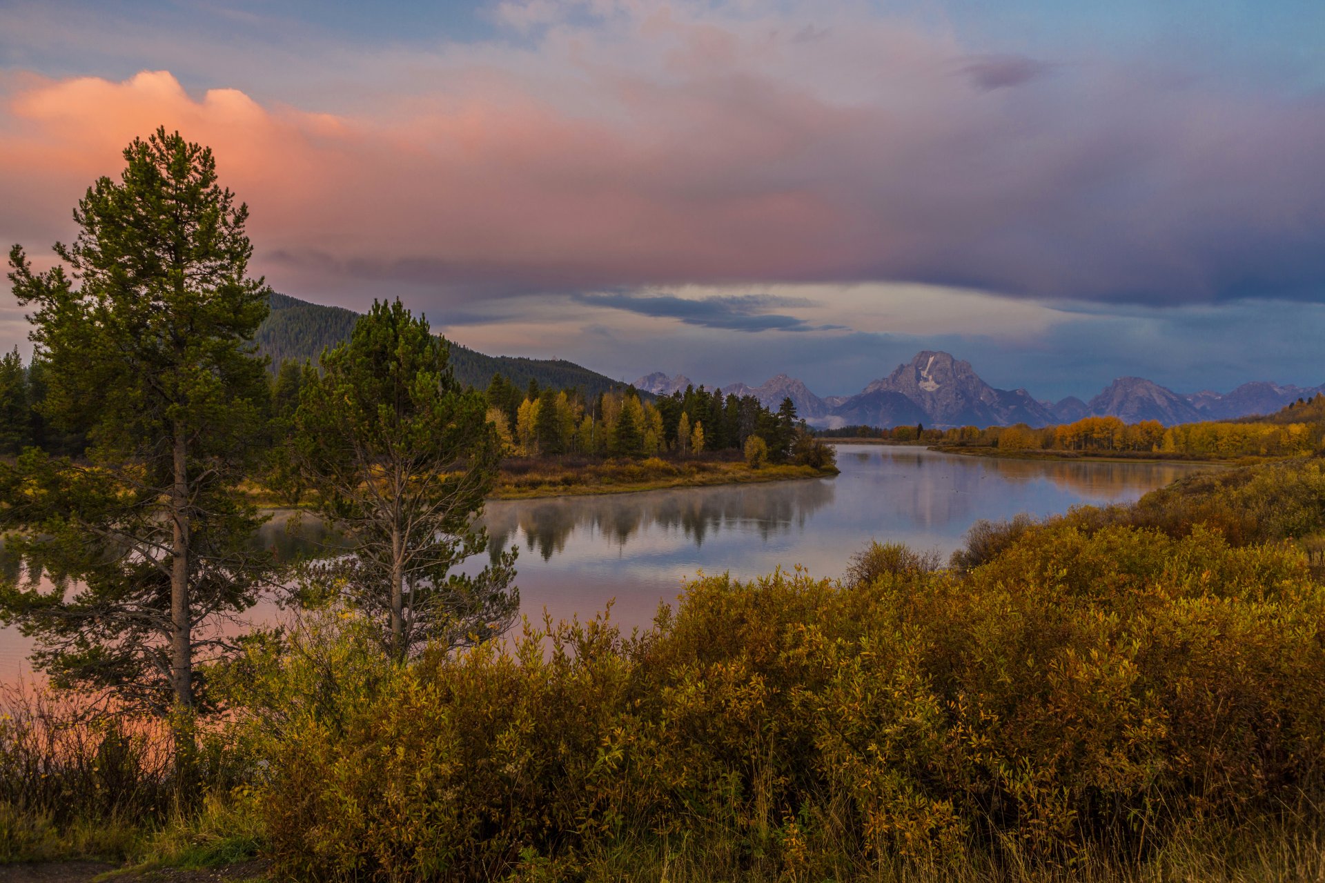 stati uniti grand teton wyoming montagne fiume riva foresta alberi cespugli autunno tramonto