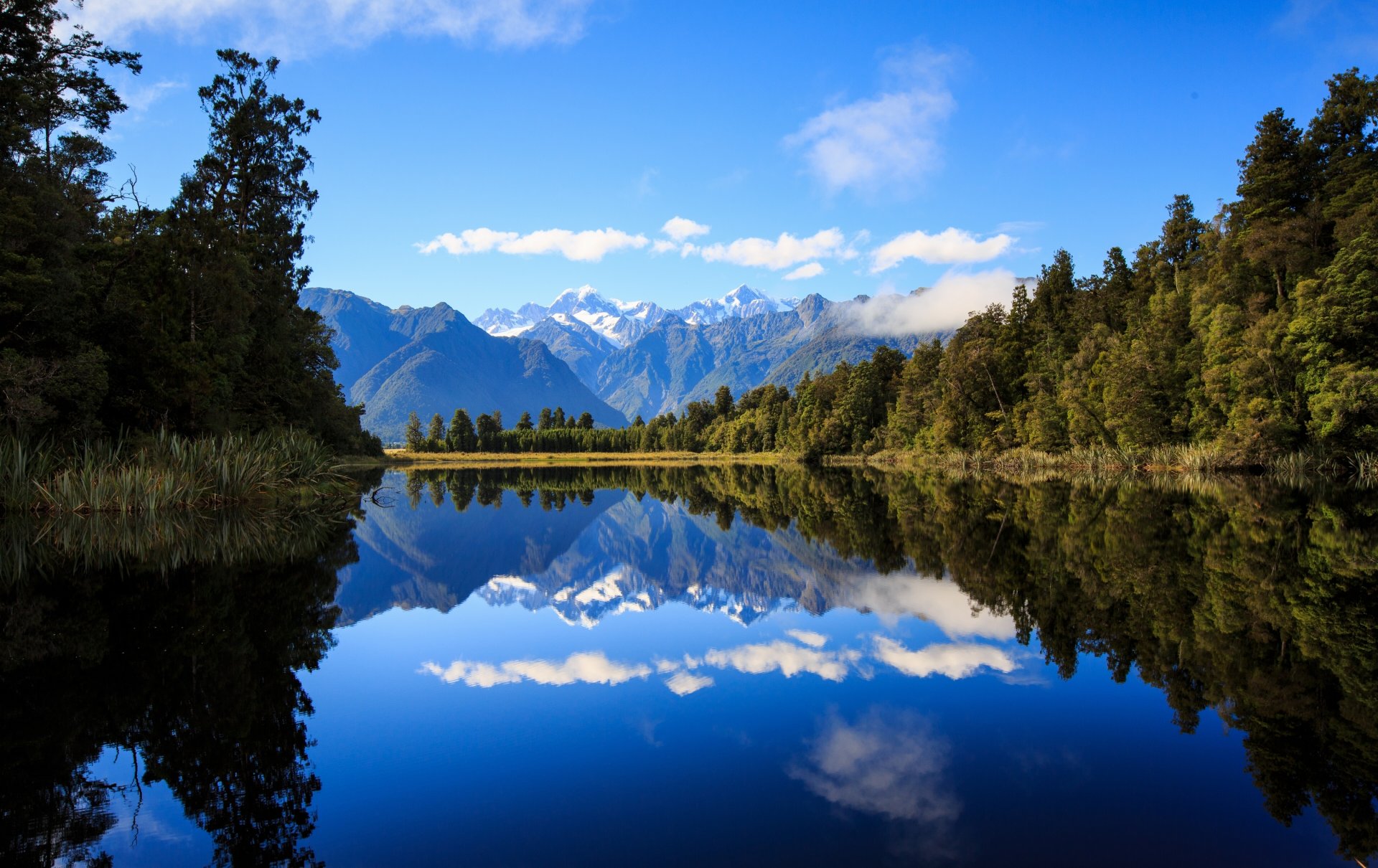 lake matheson neuseeland südalpen see berge wald reflexion