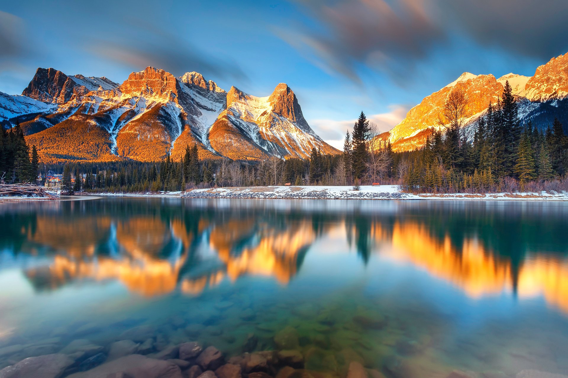 canada albert canmore mountain morning forest lake river