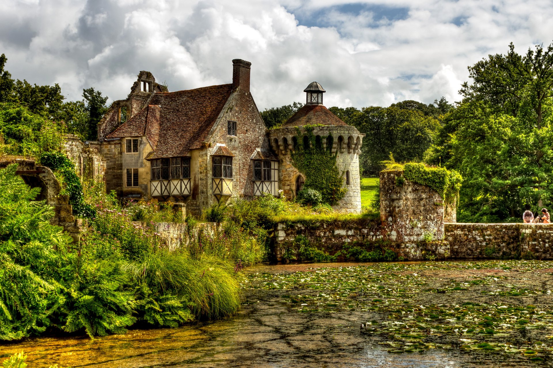 cotney castle england castle pond bridge tree bush green clouds nature