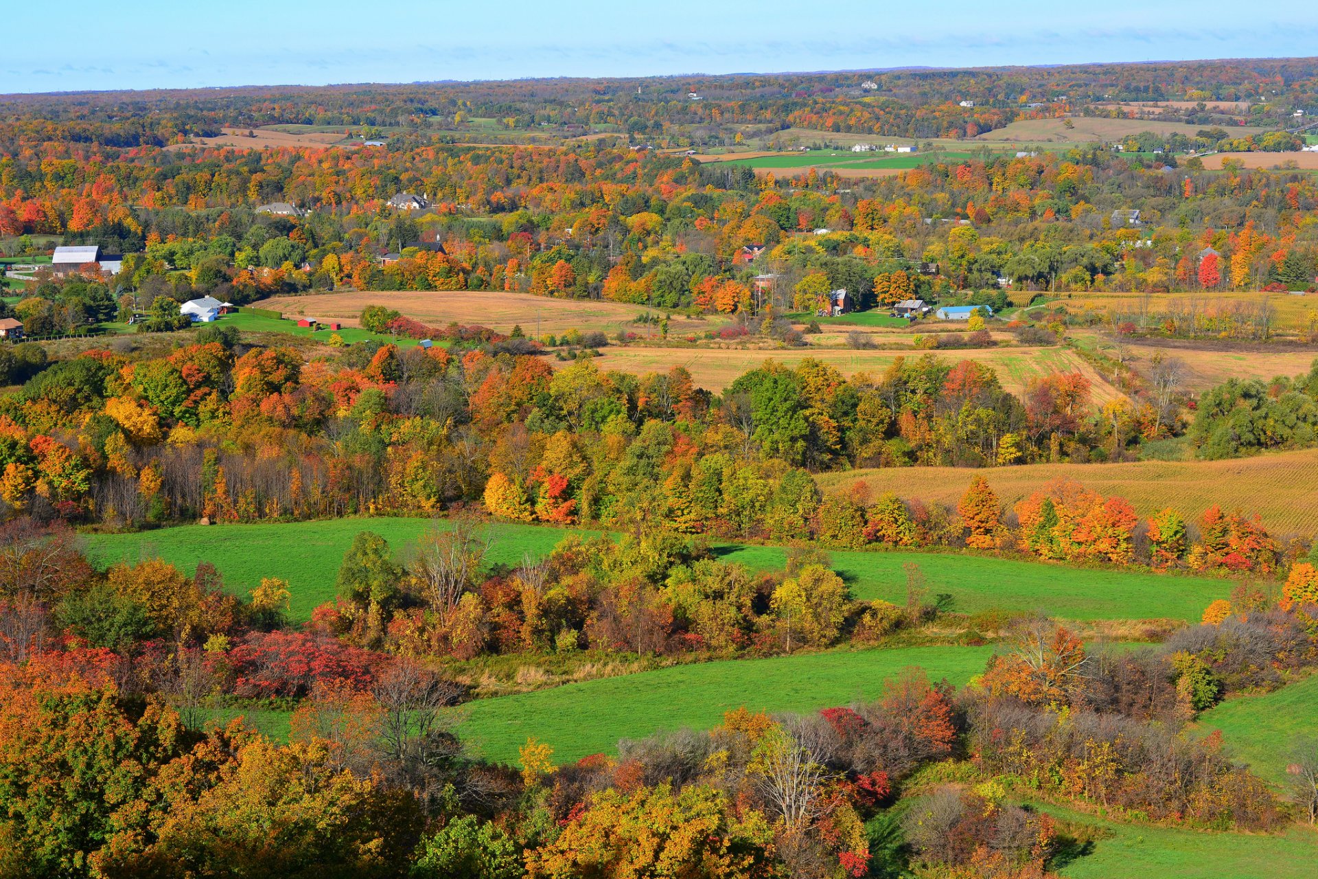 ciel collines champs arbres maison automne