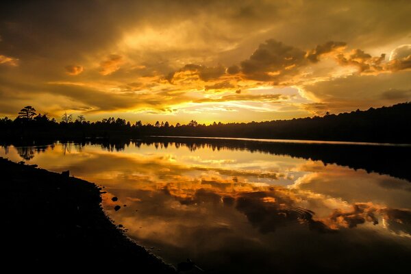 Summer landscape , sunrise , sky reflected in the water