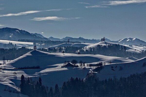 Schneebedeckte Berge Waldlandschaft