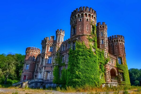 Château avec des tours couvertes de mousse, sur fond de ciel bleu