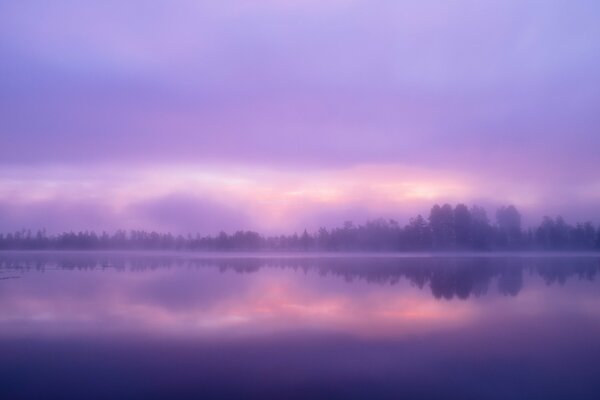 Reflection of the lilac sky in the pond